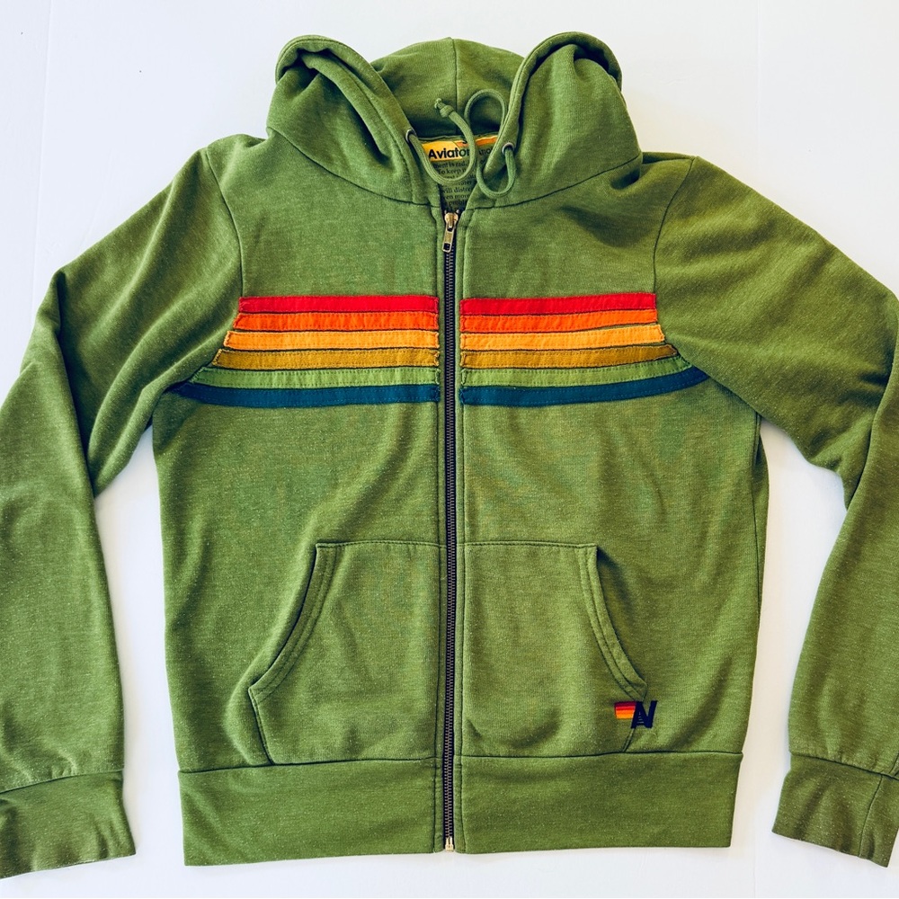 Aviator Nation Green 5 Stripe Hoodie with Rainbow Stripes Vintage Rare